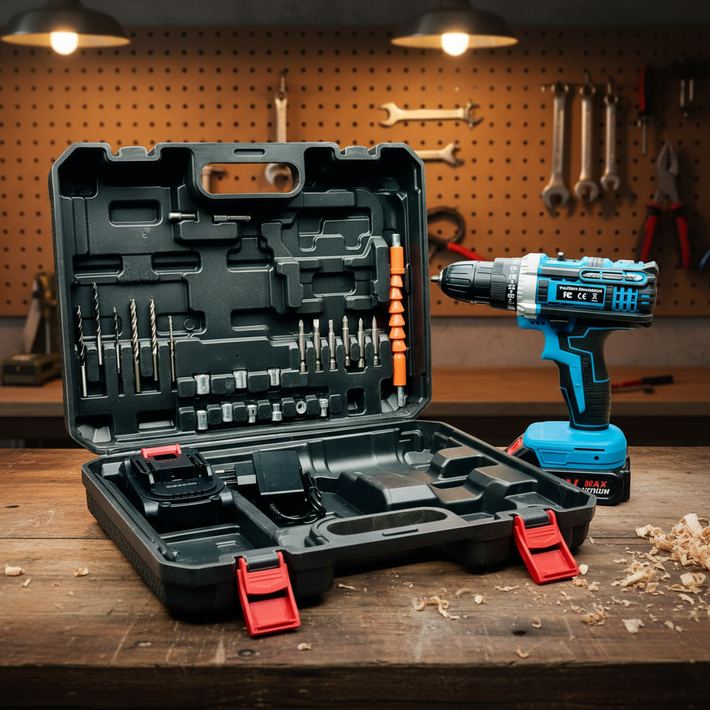 Blue cordless drill with accessories in a black case on a white background