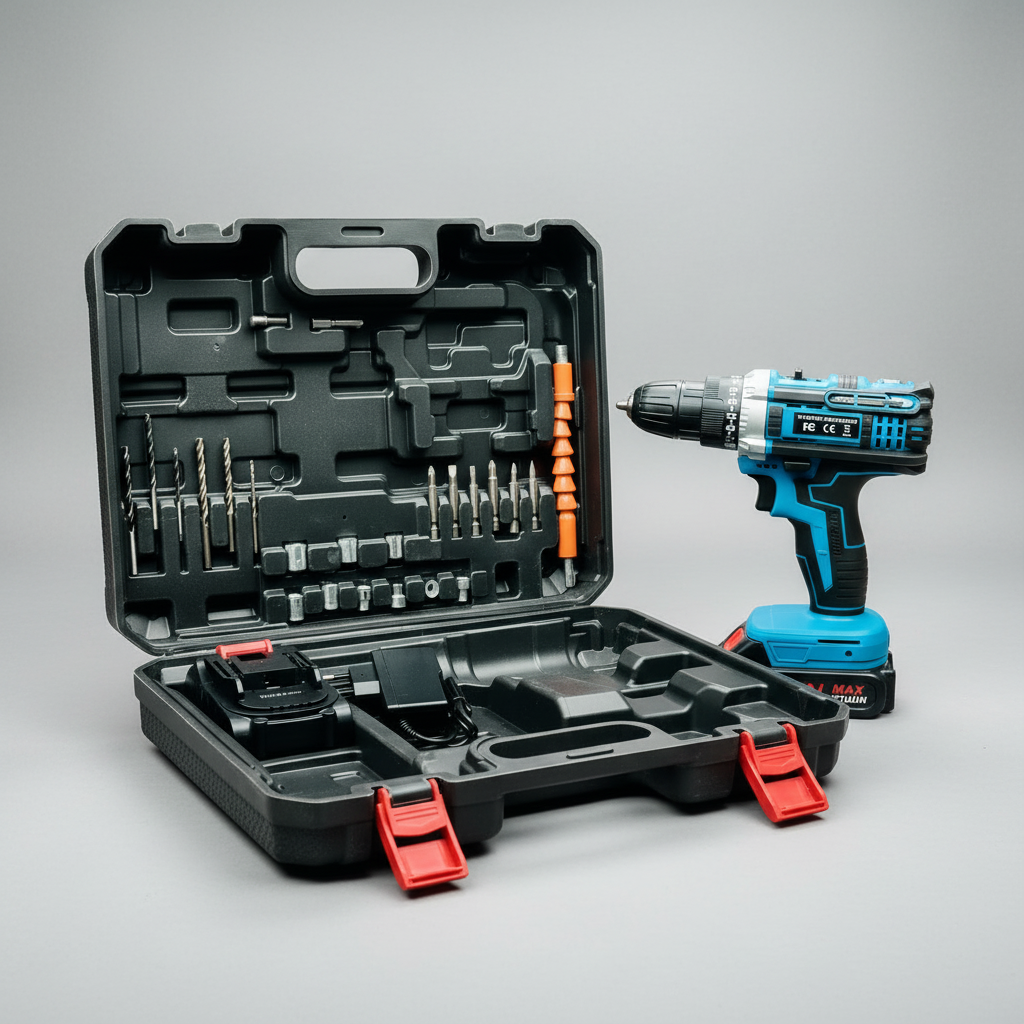 Blue cordless drill with accessories in a black case on a white background