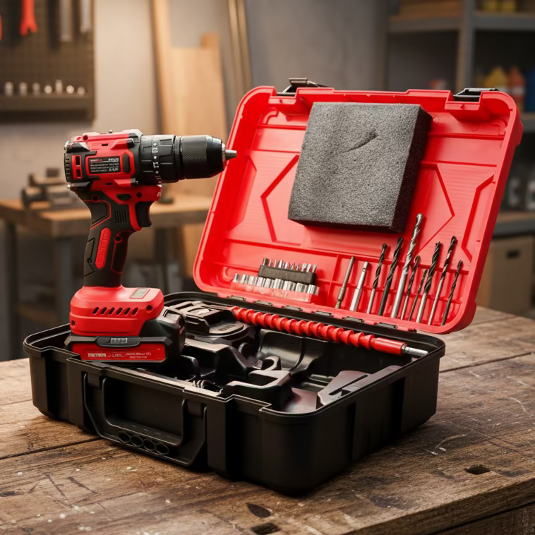 Red cordless drill with accessories in a black and red tool case on a white background
