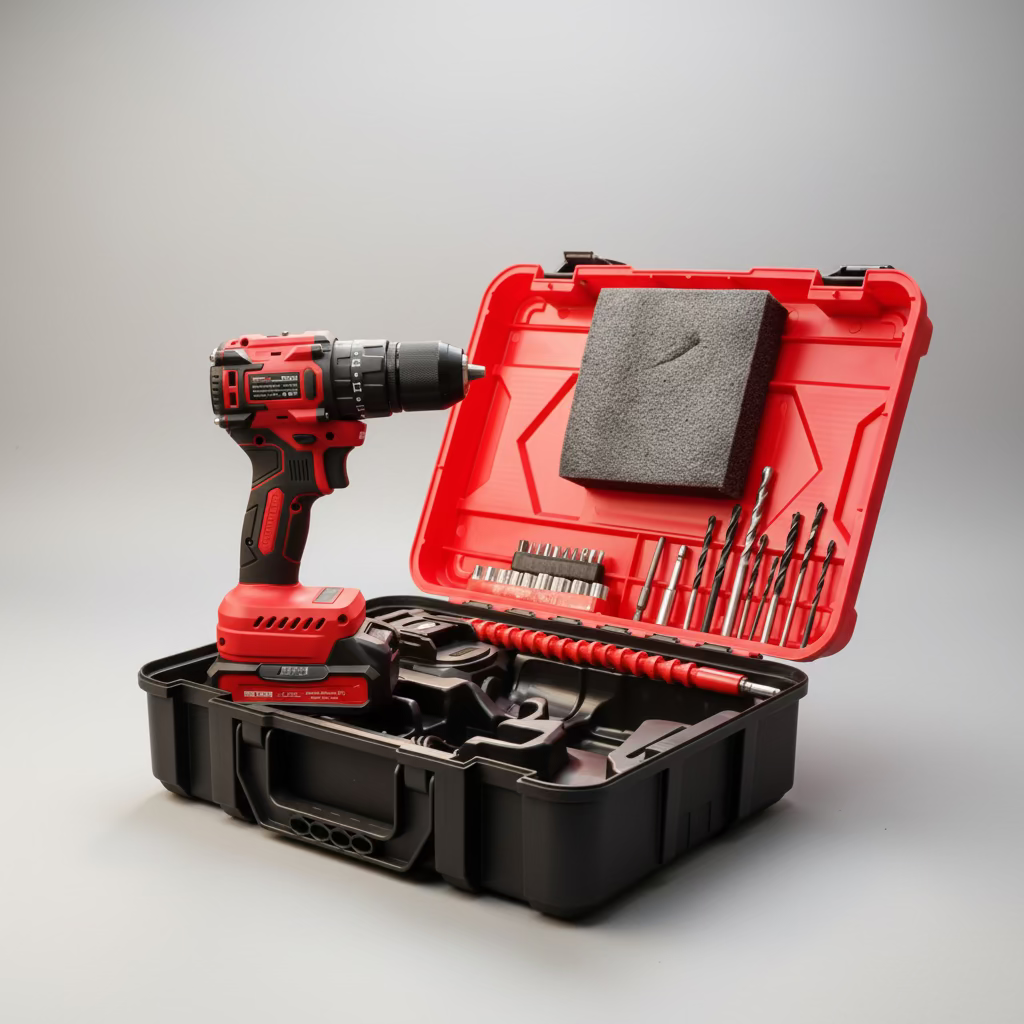 Red cordless drill with accessories in a black and red tool case on a white background