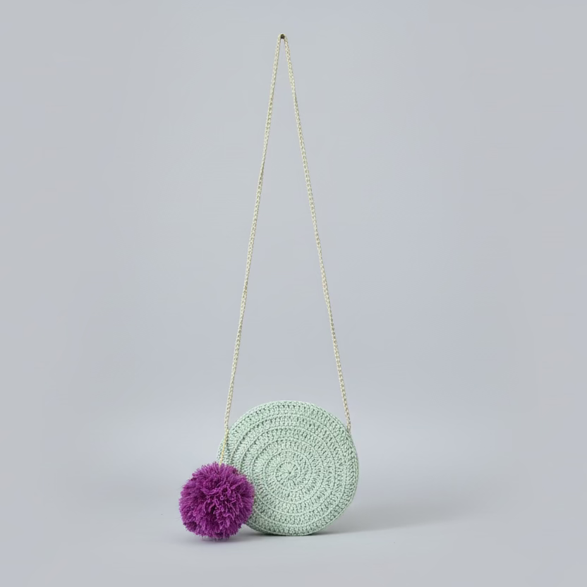 HANDCRAFTED ROUND CROCHET SLING BAG WITH FLORAL POMPOM