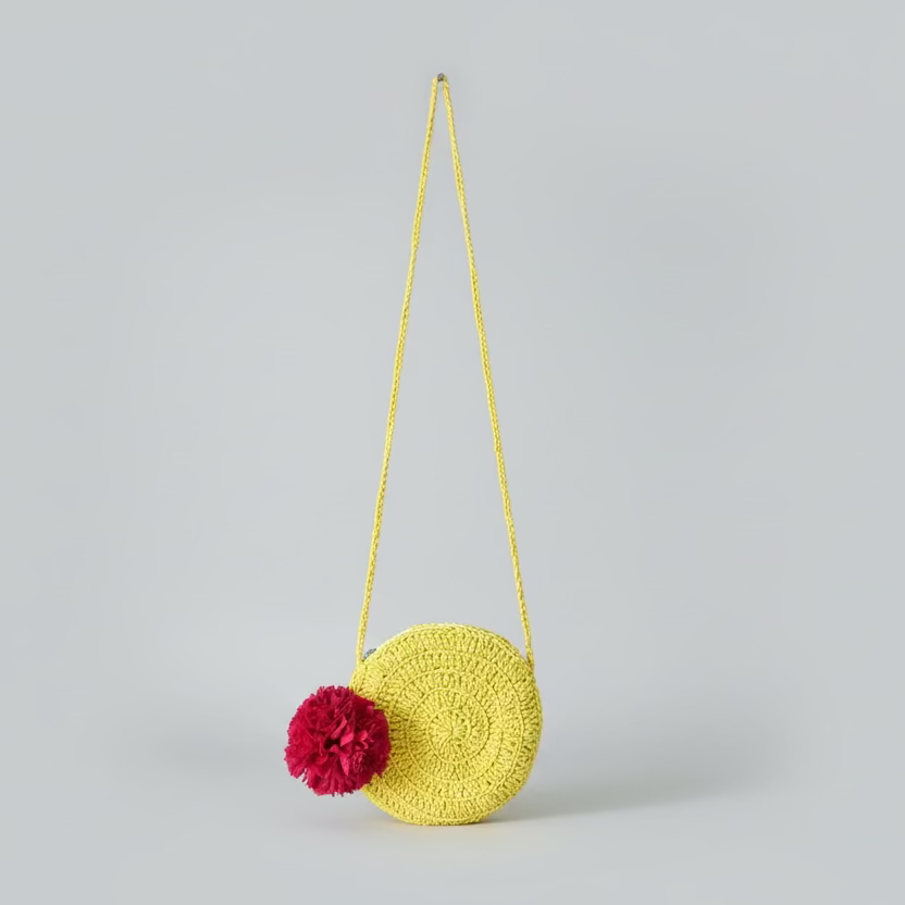HANDCRAFTED YELLOW CROCHET SLING BAG WITH FLORAL POMPOM