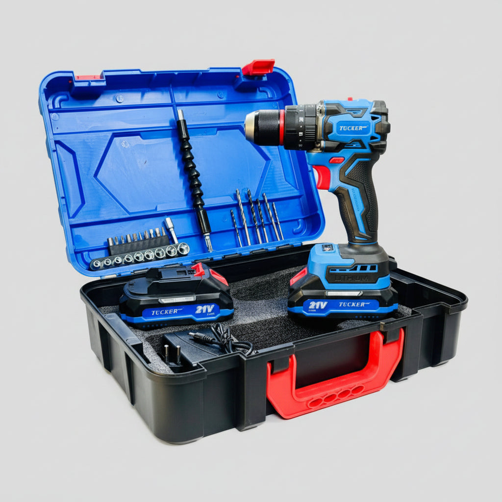 Tucker 21V cordless drill machine kit displayed in an open black and blue carrying case, featuring a rechargeable lithium-ion battery, charger, drill bits, screwdriver bits, socket set, and flexible shaft extension. The blue and black power drill stands upright on a workbench inside a hardware store.