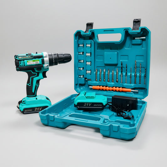 21V cordless drill machine kit with rechargeable battery, charger, drill bits, screwdriver bits, socket attachments, and carrying case displayed on a workbench in a hardware store. The teal-colored power drill is shown alongside the complete accessory set organized inside the open storage case.