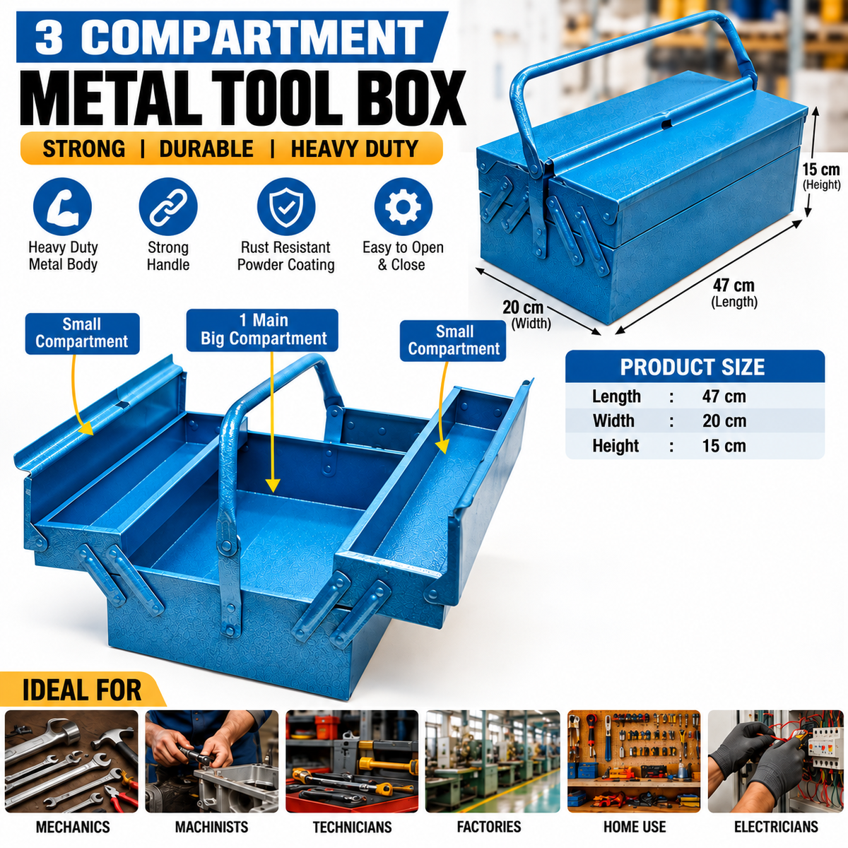 3 COMPARTMENT METAL TOOL BOX