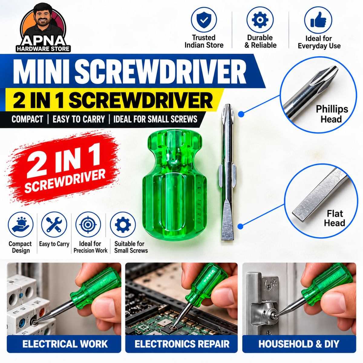 TAPARIA 974 MINI SCREWDRIVER | 2 IN 1 | BLADE LENGTH 30MM