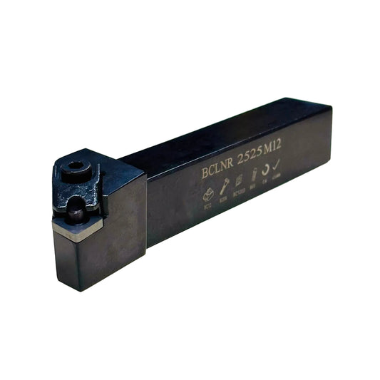 BCLNR 2525 M12 external turning tool holder with a 25×25 mm shank, designed for CNMG 1204 carbide inserts. Durable black steel CNC lathe holder featuring a secure top clamp for precision right-hand external turning and metal machining.
