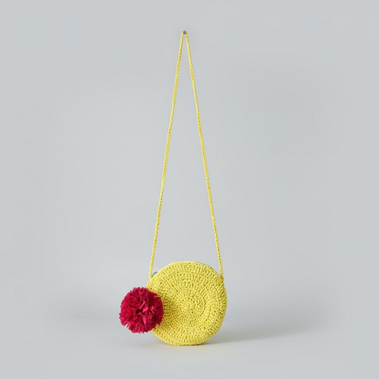 HANDCRAFTED YELLOW CROCHET SLING BAG WITH FLORAL POMPOM