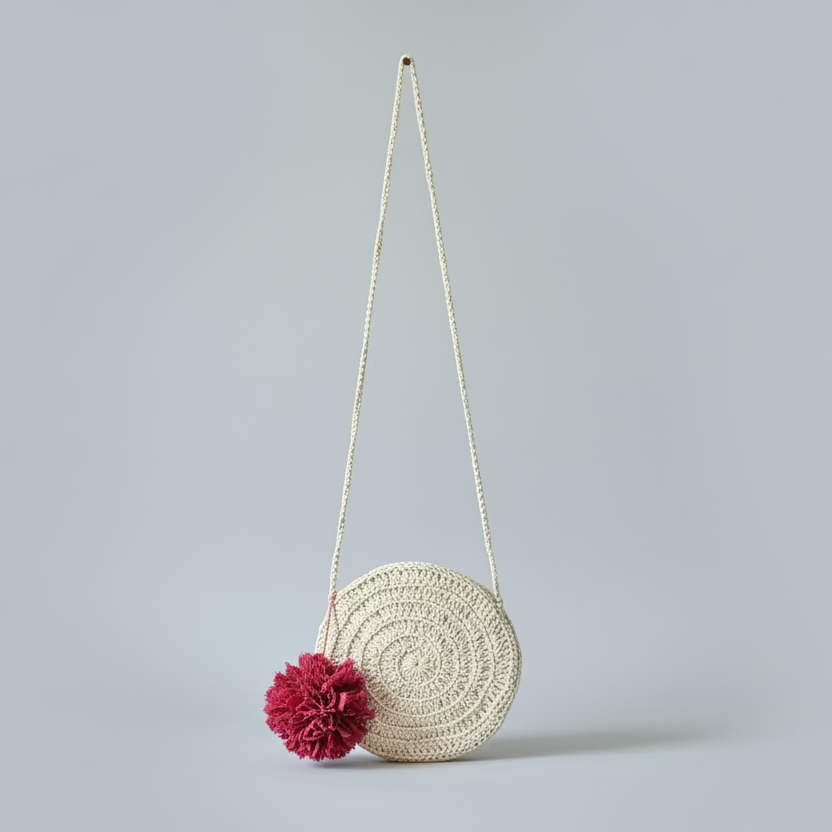 HANDCRAFTED IVORY ROUND CROCHET SLING BAG WITH FLORAL POMPOM