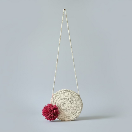 HANDCRAFTED IVORY ROUND CROCHET SLING BAG WITH FLORAL POMPOM