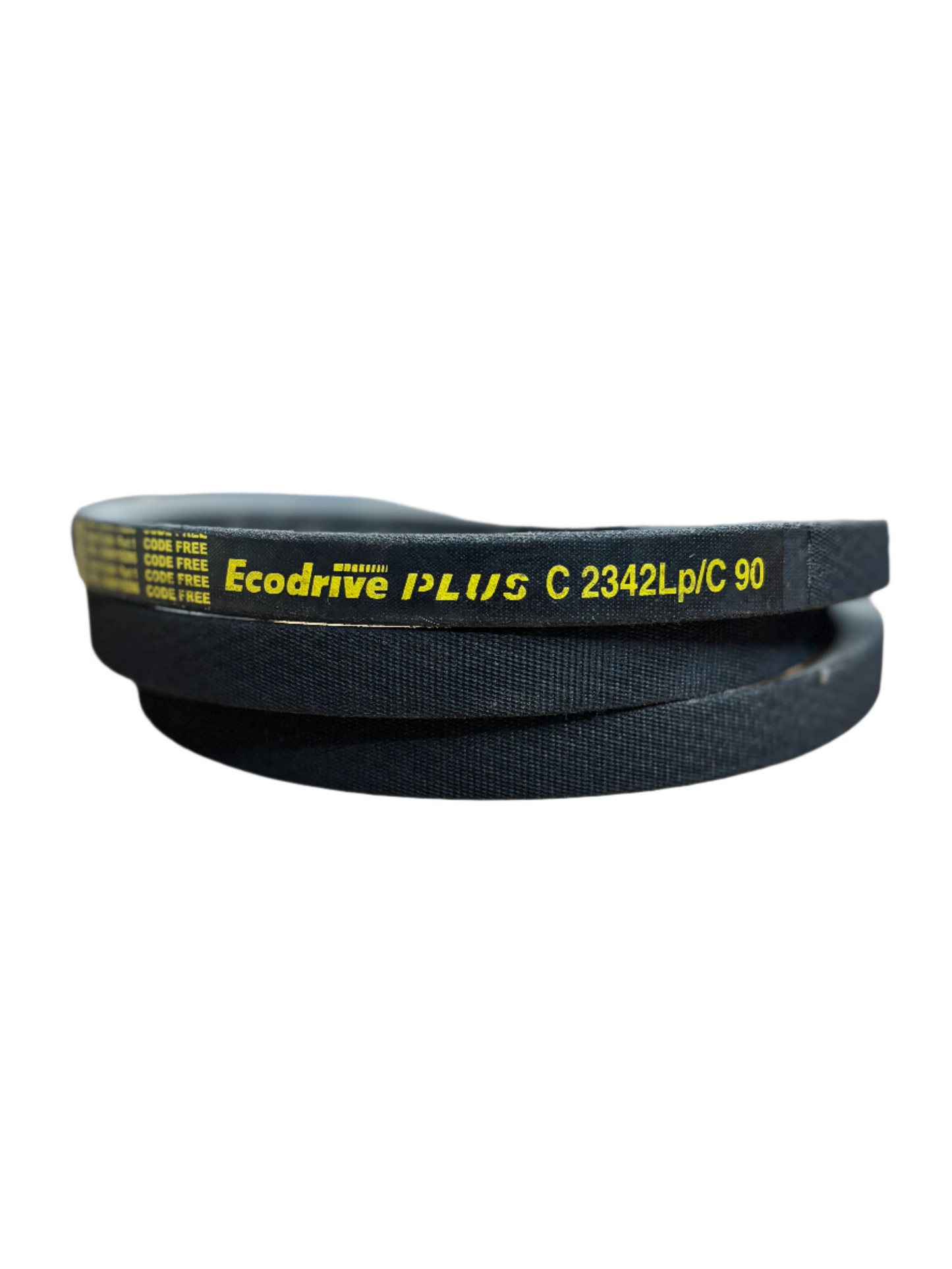 Black belt with yellow text on a wooden surface, blurred background