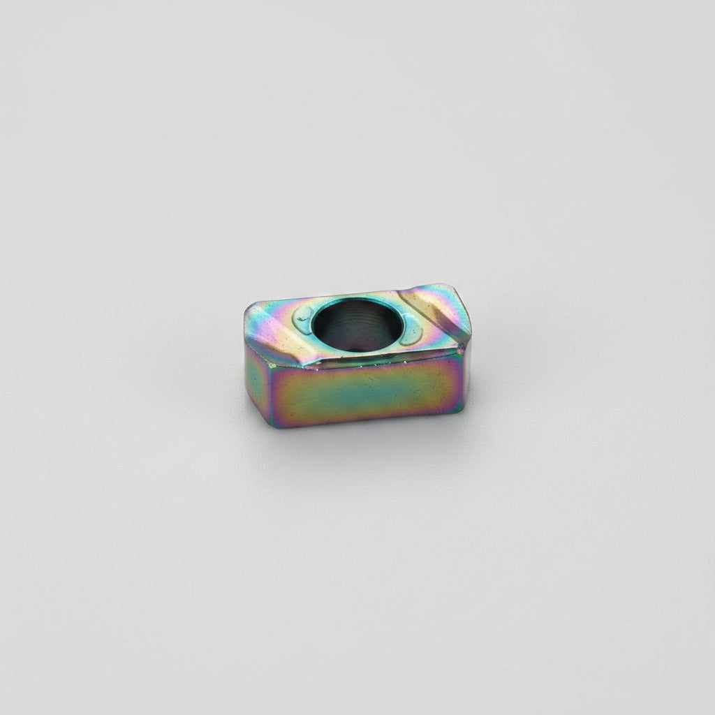 LNMU 0303 coated carbide milling insert with a rectangular design, central mounting hole, and rainbow PVD coating on a white background.