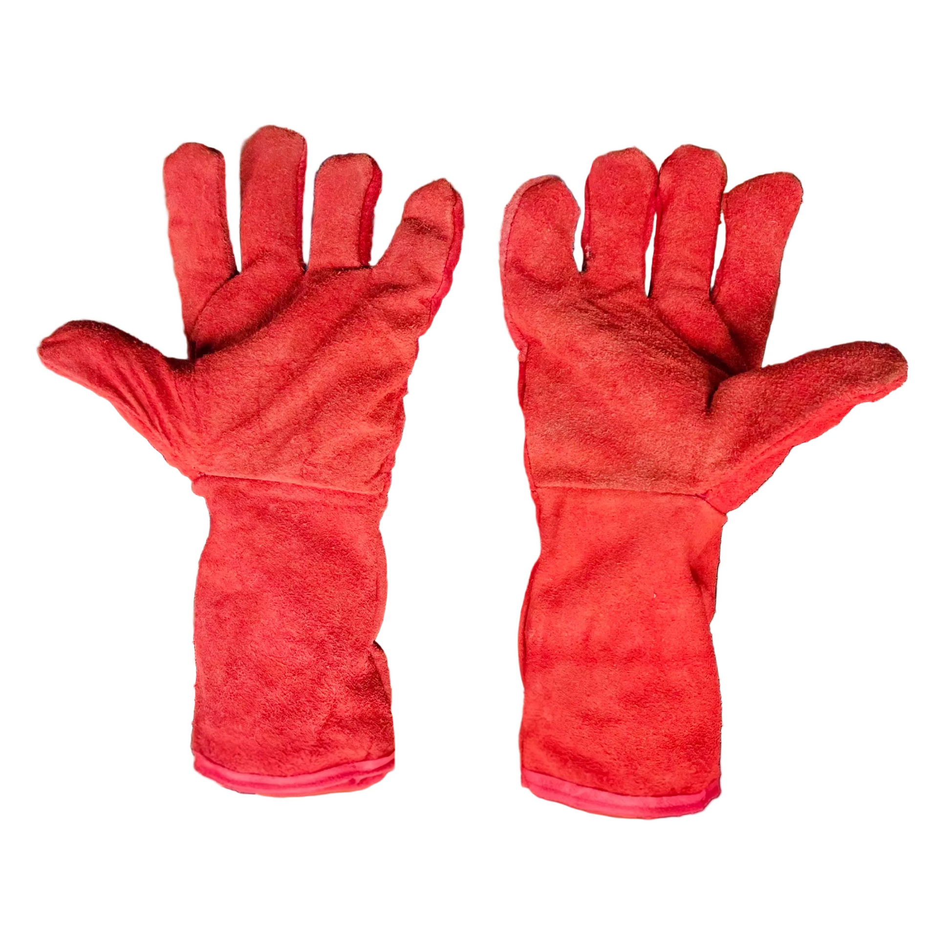 Red welding gloves worn by a person in a workshop setting