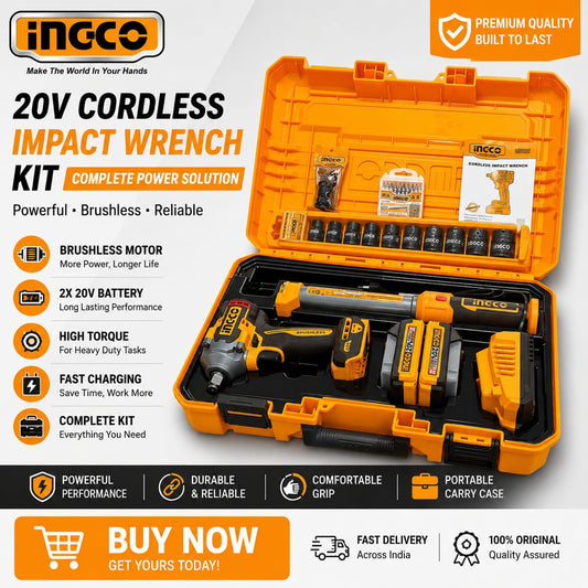 INGCO 20V Cordless Impact Wrench Kit with Brushless Motor, 2 Batteries, Charger, Socket Set and Portable Carry Case