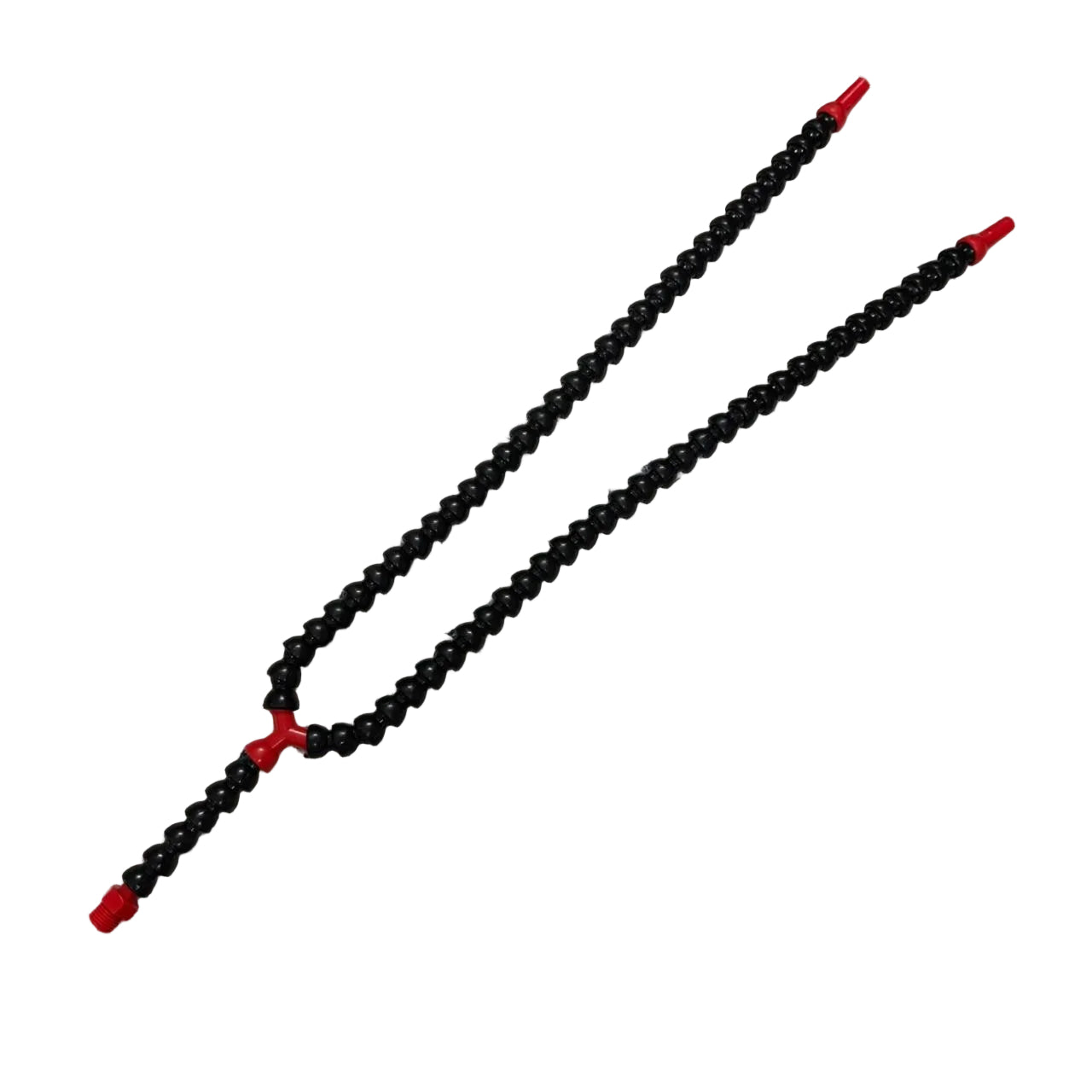 Flexible Y Type Coolant Pipe 1/4 inch x 18 inch with dual adjustable nozzles, black modular segments and red connectors, suitable for CNC machines, milling machines, and industrial coolant applications.