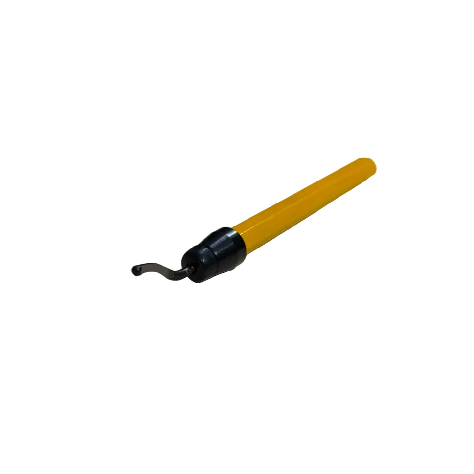 Deburring Tool with Handle DT-2 featuring a yellow aluminum handle and replaceable hook blade for removing burrs from metal edges