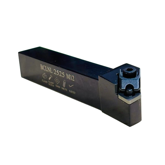 BCLNL 2525 M12 external turning tool holder with a 25×25 mm shank and M12 clamp, designed for CNMG 1204 carbide inserts. Heavy-duty black steel CNC lathe holder shown with secure top clamp for precision external turning operations.